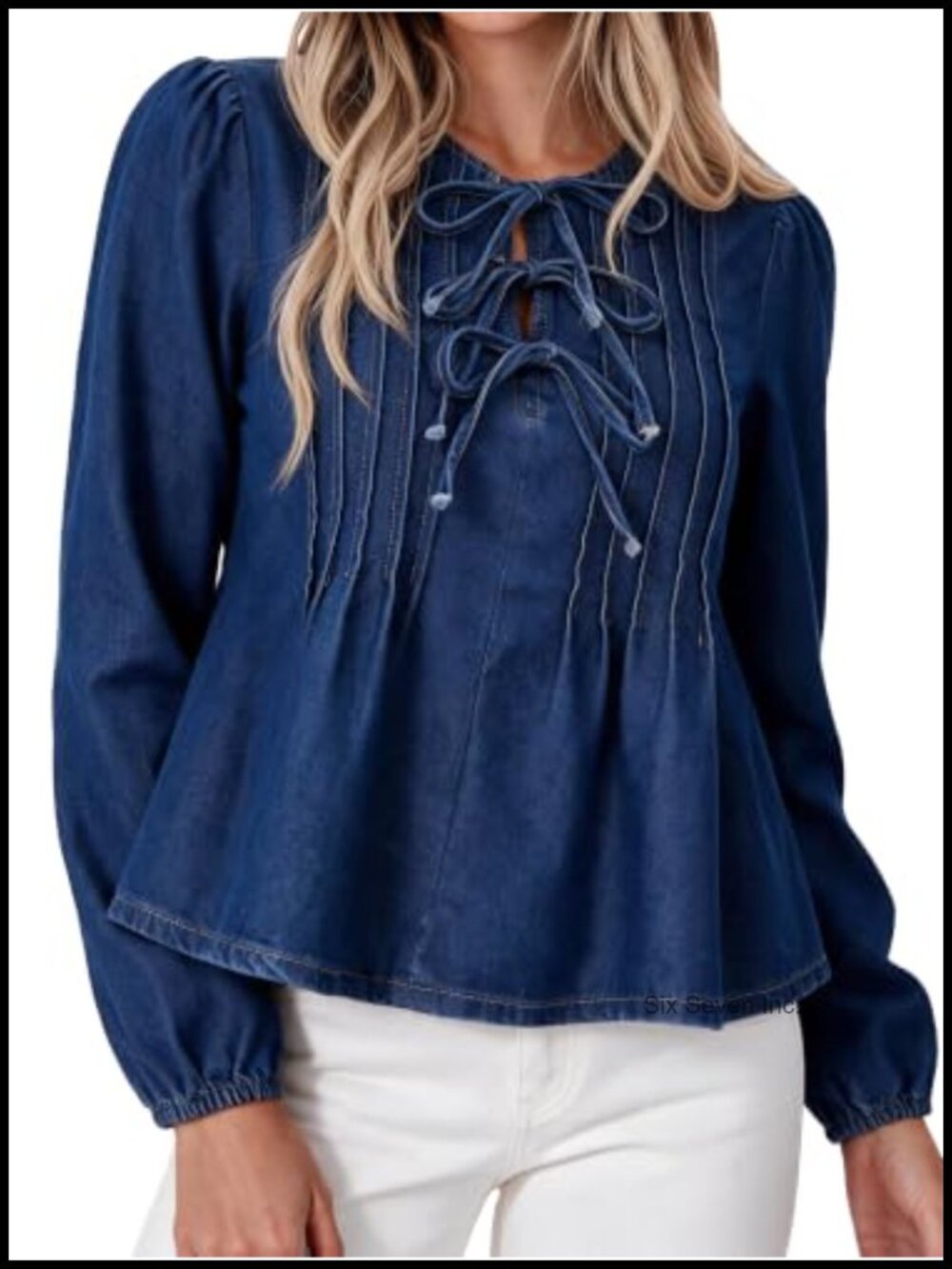 Babydoll Peplum Denim Top Bow Tie Front Long Puff Sleeve Blouse